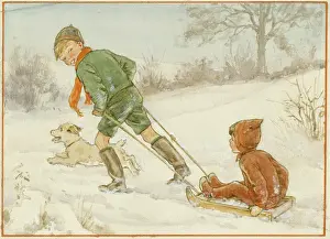 Sledging: Two boys and their dog go sledging in the snow