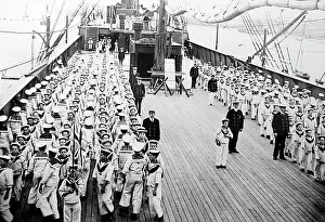 Exmouth: Boys drilling on deck, Training Ship Exmouth, early 1900s