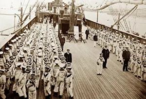 Exmouth: Boys drilling on deck, Training Ship Exmouth, early 1900s