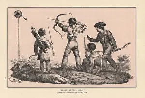 Dadresse: Boys firing arrows at a target in an archery