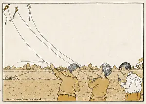 Kites: Three boys fly kites, 1912