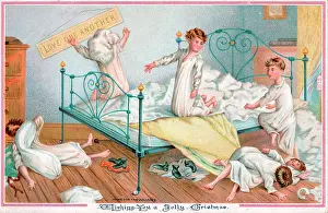 Bolster: Six boys pillow fighting on a Christmas card