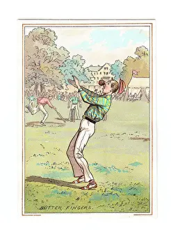 Fielder: Boys playing cricket on a greetings card
