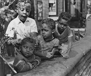 Stripy: Four boys playing in a front garden