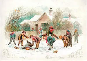 Leapfrog: Boys playing in the snow on a New Year card
