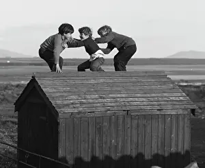Three boys playing on top of a wooden shed
