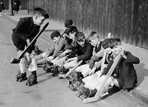 Rollerskating: Boys before a roller-hockey game