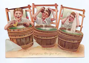 Ablutions: Three boys washing on a New Year card