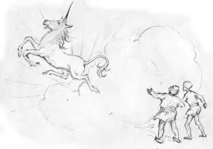 Unicorns: Two boys watch a unicorn jumping over a cloud