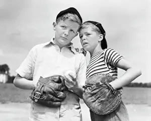 Mitt: Two Boys Wearing Baseball Caps and Gloves