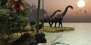 Terrible: Two Brachiosaurus dinosaurs enjoy a beautiful sunset