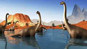 Rippled: Brachiosaurus dinosaurs grazing in a prehistoric lake