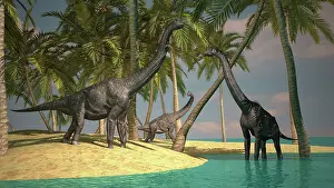 Riverbed: Brachiosaurus dinosaurs grazing at the water's edge