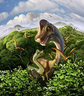 Immature: A Brachiosaurus with young above the treetops, surrounded ?