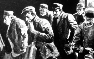 Cobden: Bradford Woolcombers going home after a night shift - 1850s