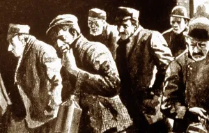 Cobden: Bradford Woolcombers going home after a night shift - 1850s