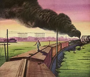 Railroads: Brakeman walking on top of Train under Tell-tale Ropes