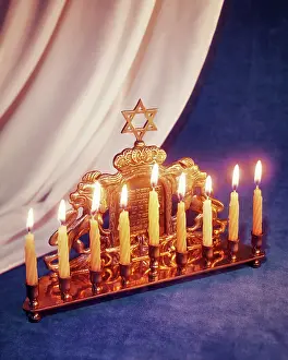 Candelabrum: Brass Hanukkah Candelabrum Menorah Nine Burning