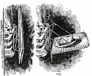 Grate: A brass mesh fire guard hooked to a grate