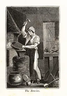 Brazier: Brazier hammering a brass pan in a workshop