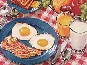 Juice: Breakfast with Bacon, Eggs, Toast, Orange Juice and Milk