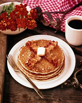 Pancakes: Breakfast Stack of Four Flour Pancakes Two Strips