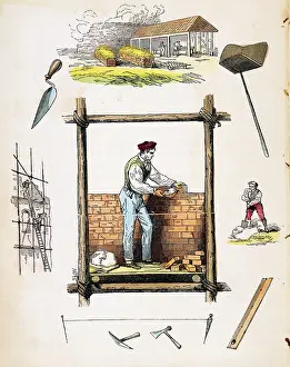 Bricklayer: Bricklayer working on wooden scaffold. Top: Brickyard
