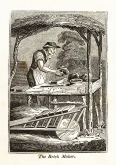 Mold: Brickmaker shaping clay bricks in a mold next to a kiln