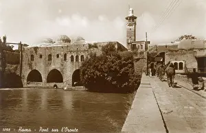 Camels: Bridge over the Orontes River in Hama, Syria