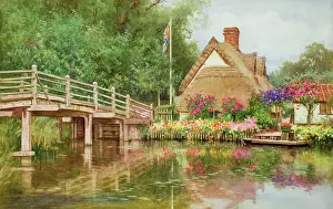 Flatford: Bridge and Thatched Cottage, Flatford, Suffolk