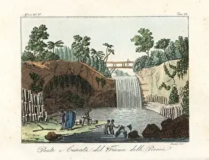Ferrario: Bridge and waterfall over a river in Madagascar
