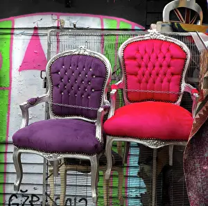Flashy: Brightly coloured chairs, Brick Lane area, London, UK