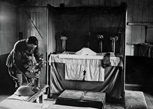 Chaplain: British army padre in makeshift church, Western Front, WW1