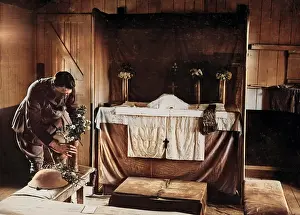 Chaplain: British army padre in makeshift church, Western Front, WW1