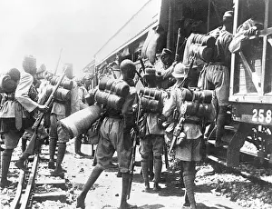Nigeria: British battalion boarding a train for Cameroon, Africa, WW1