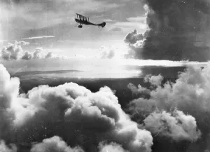 Horsepower: British BE2 biplane in flight, WW1