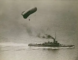 Towing: A British destroyer towing an observation balloon