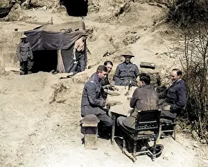 Dusty: British doctors sitting at a table, Western Front, WW1