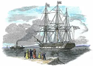 Towed: British emigrant ship being towed out of harbour