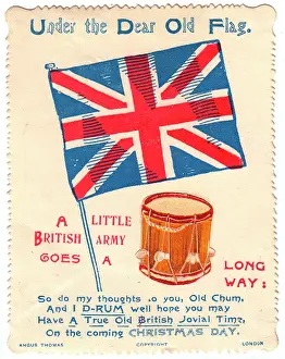 Chums: British flag and drum with comic verse on a Christmas card