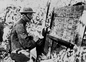 Copying: British gunner with instruction board, Western Front, WW1