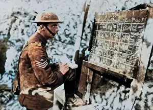 Copying: British gunner with instruction board, Western Front, WW1