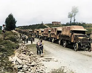 Lorries: British lorries on a road, Western Front, WW1