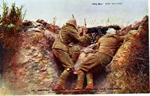 Khaki: British machine gunners in gas helmets, WW1