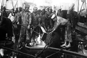 Tarring: British Navy sailors tarring rope