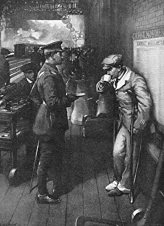 Compassion: British officer & wounded soldier drinking tea, train statio