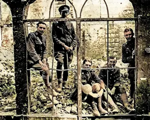 Wrecked: British officers inside wrecked building, Western Front, WW1