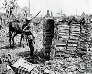 Improvised: British soldier with improvised sentry box, WW1