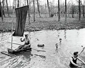 Improvised: British soldiers boating during rest break, WW1