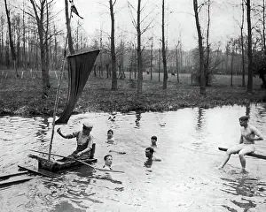 Improvised: British soldiers boating during rest break, WW1